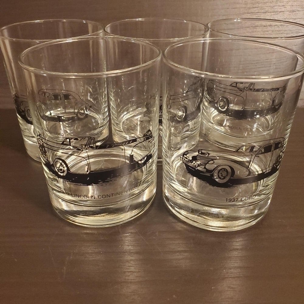 Antique Car Clear Glass Cups Set Of 5, Cord& Lincoln Continental 4"H×3"D